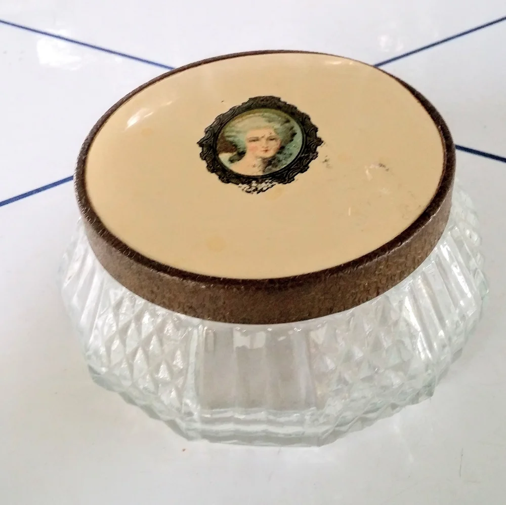 Vintage Glass Vanity Jar with Decorative Cameo Style Lid, Art Deco